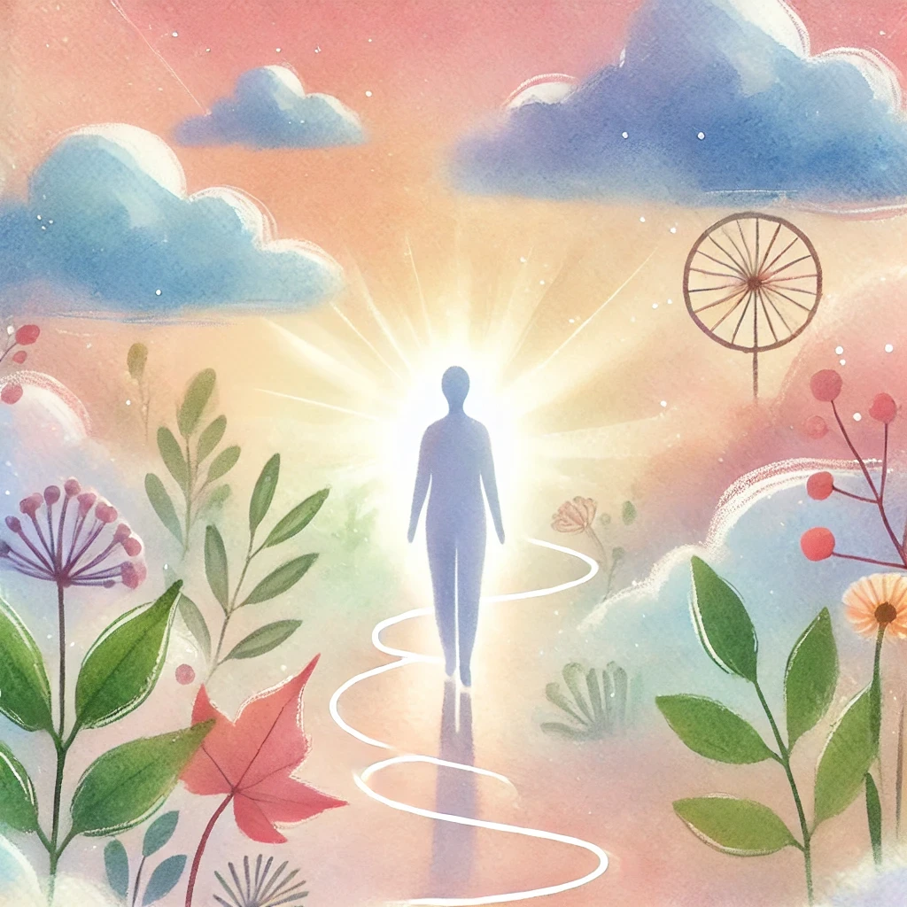DALL·E 2024-12-06 17.33.45 - A gentle and soft illustration representing Ericksonian hypnosis, with a figure walking along a dreamy path surrounded by pastel colors, soft clouds,